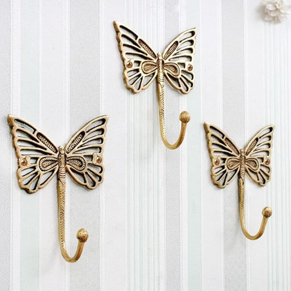 Gold Brass Butterfly Wall Hooks 3pc Set Vintage Hooks for Hanging